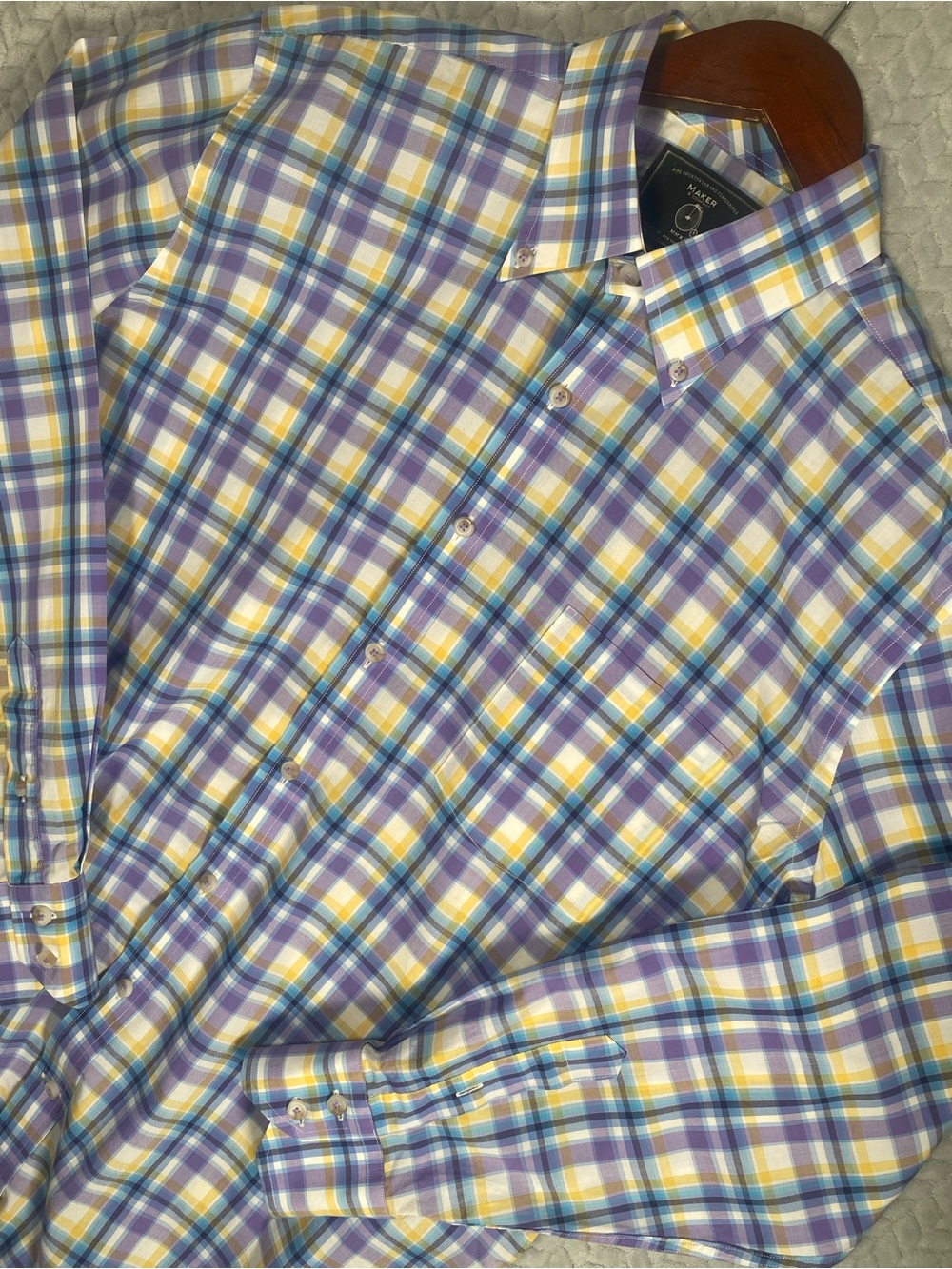 Maker & Company Men Large Plaid Long Sleeve Button Down Shirt Purple Yellow